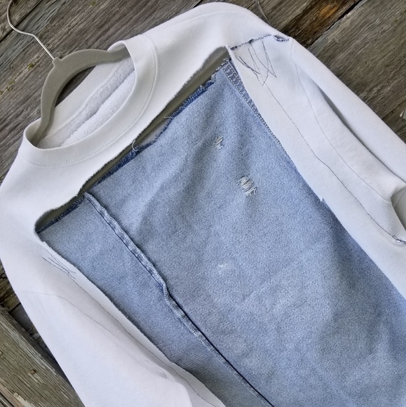 Destroyed Jean Patchwork Upcycled Sweatshirt - Picture 6 of 8